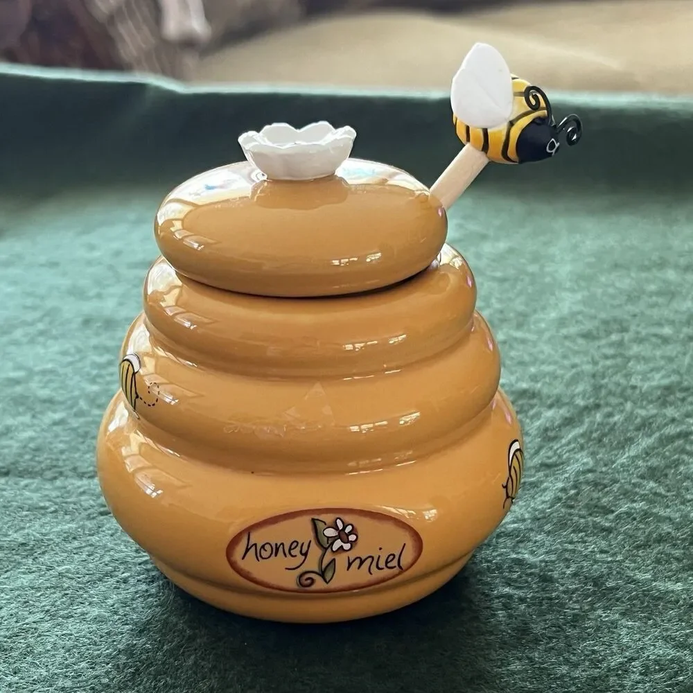 Mini Honey Pot Ceramic Jar & Wood Dipper Joie MSC Beehive with Bee Dipper